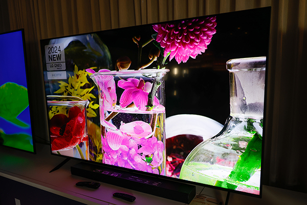 טלוויזיה בעלת מסך שטוח המציגה תמונה חיה של פרחים ורודים וסגולים באגרטלי זכוכית. תווית על המסך כתובה "2024 NEW LG OLED". סרגל קול שחור ממוקם מתחת לטלוויזיה.