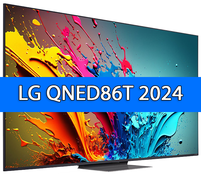 טלוויזיית LG QNED86T 2024 עם שפריצים עזים של אדום, צהוב, ורוד וכחול על המסך.