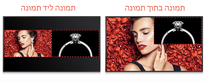 השוואה בין שתי פריסות תמונה; השמאלי מציג מסך מפוצל עם טבעת ופנים של אישה, מימין תמונה משולבת של הטבעת והאישה על רקע עלי כותרת אדום.